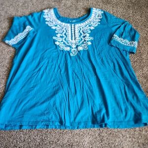 Woman Within Blouse Women's 4X 34/36 Blue Embroidered 3/4 Sleeve Casual Spring